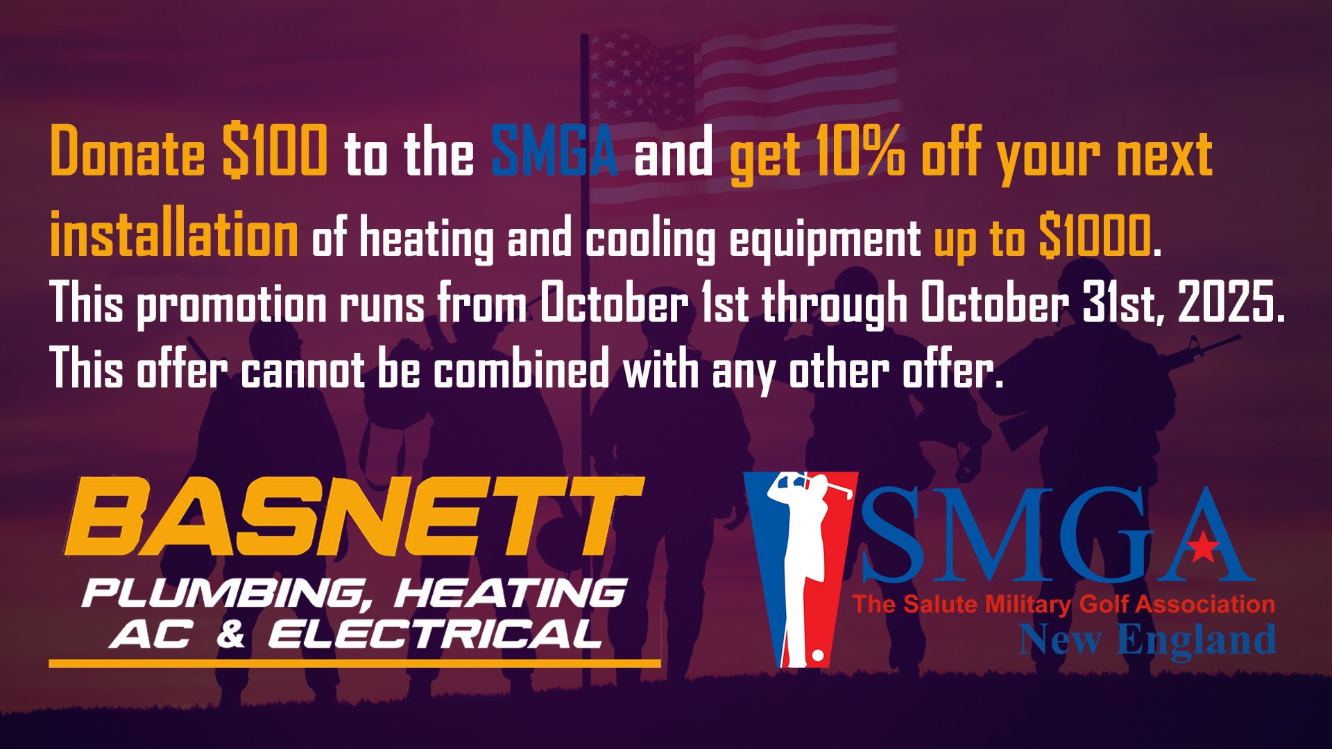 Promotional graphic from Basnett Plumbing, Heating, AC & Electrical and SMGA New England offering 10% off heating and cooling installations up to $1000 with a $100 donation to the Salute Military Golf Association, valid October 1–31, 2025.