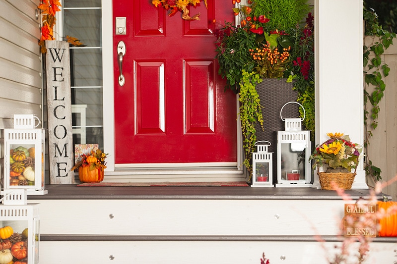 FR_A_018 Fall HVAC Maintenance image Front porch with red door in autumn, Questions to Ask About Furnace Maintenance in the Fall | Basnett