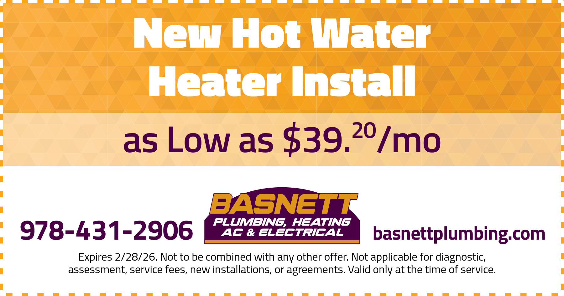 NEW Hot water heater install as low as $39/month