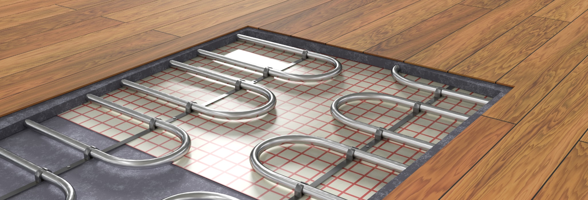 Underfloor heating system under wooden floor. 3D rendered illustration.