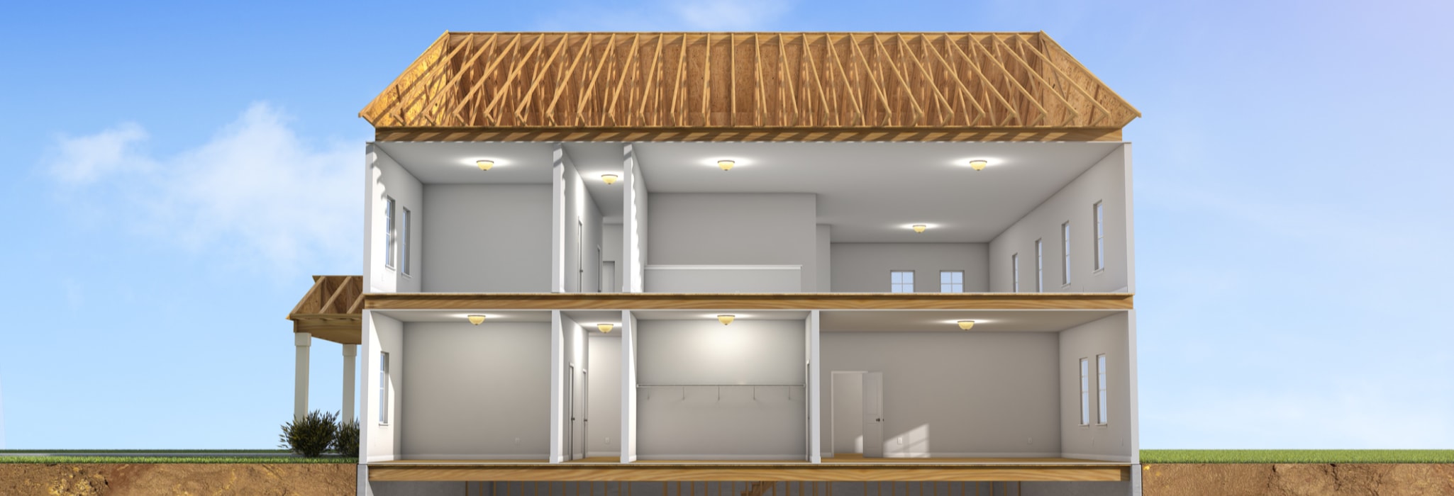 A cross section of a modern US home on clear summer day with bedrooms, basement, halls, bonus room, and exposed roof frame.